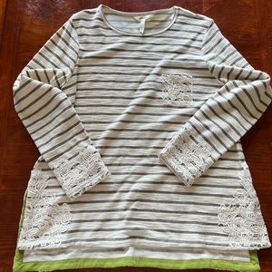 NWOT Matilda Jane Womens Green Stripe and Cream Crochet Accent Top - Size L